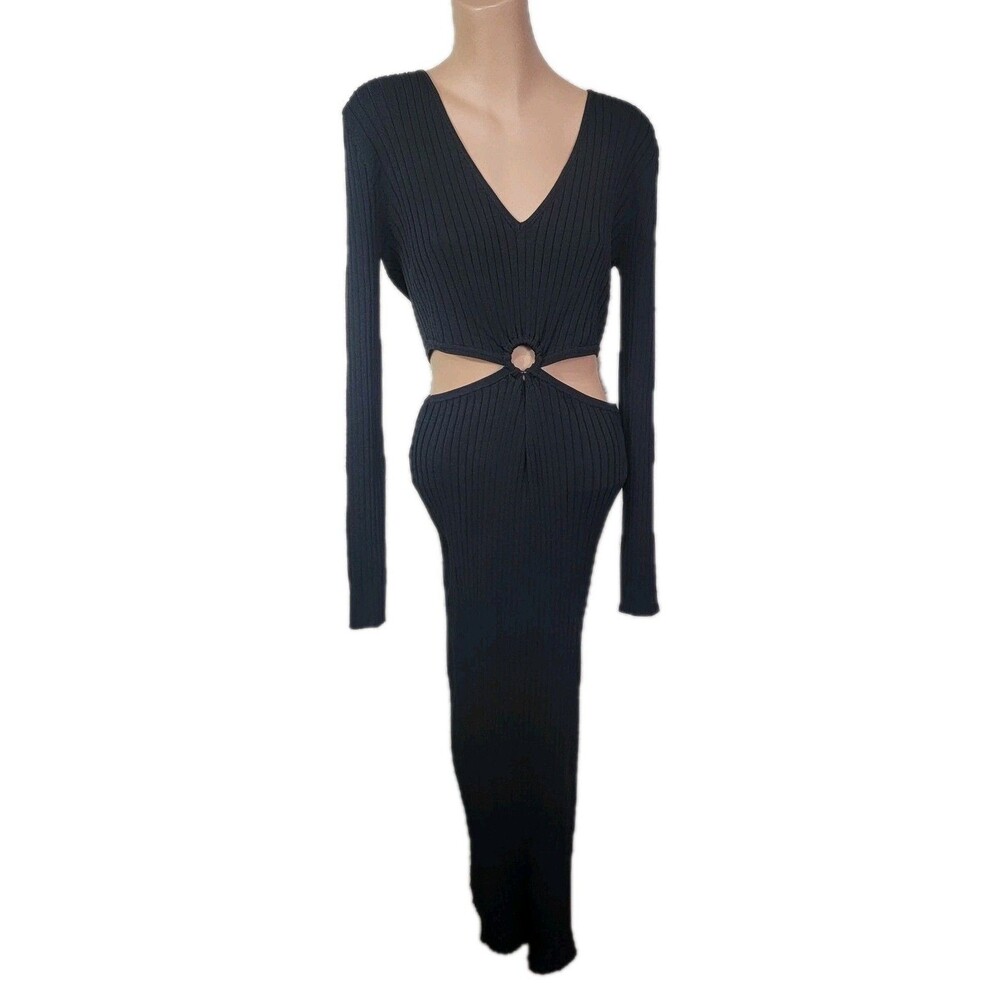 House of Harlow 1960 Ribbed Knit Long Sleeve Dress Cutout Size Large Black Z